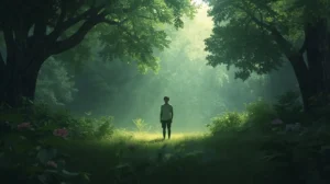 A peaceful watercolor illustration of a person standing in a sunlit green forest clearing, symbolizing a holistic life and inner balance.