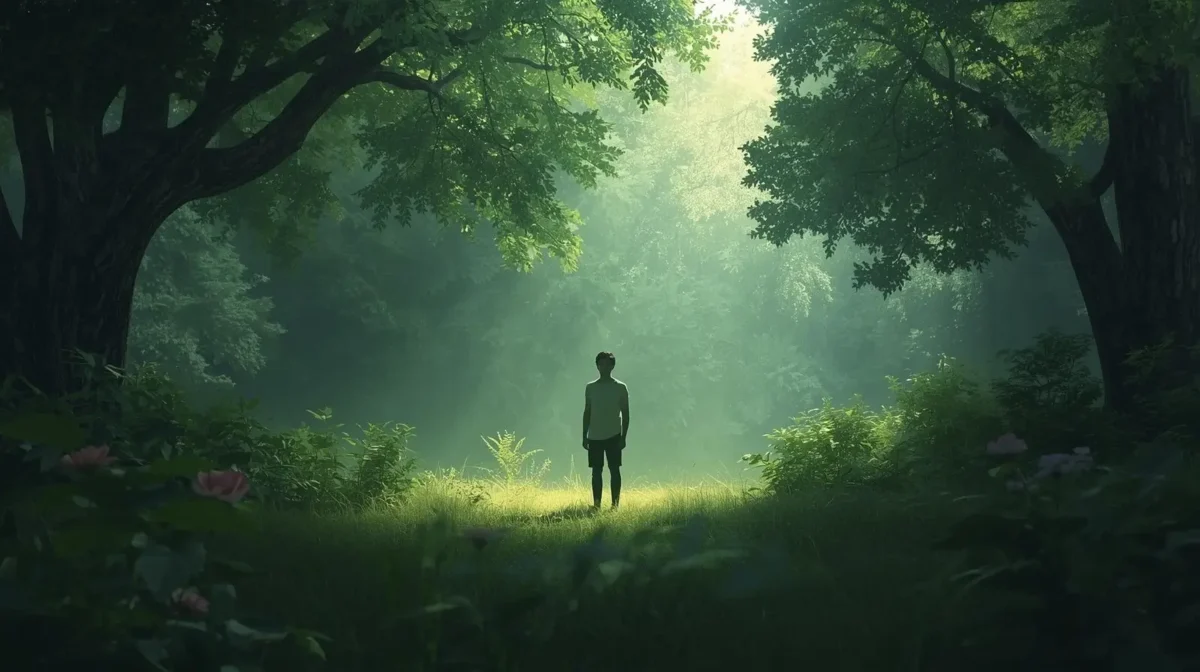 A peaceful watercolor illustration of a person standing in a sunlit green forest clearing, symbolizing a holistic life and inner balance.