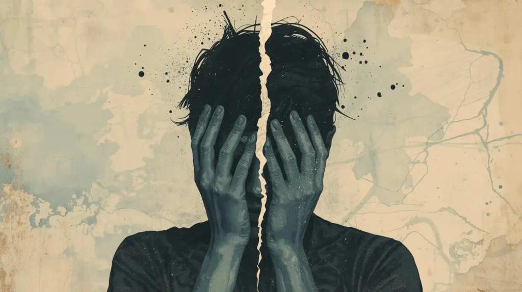 A powerful surreal illustration of a man with a cracked head revealing an inner landscape, symbolizing emotional repression and how the body says no.
