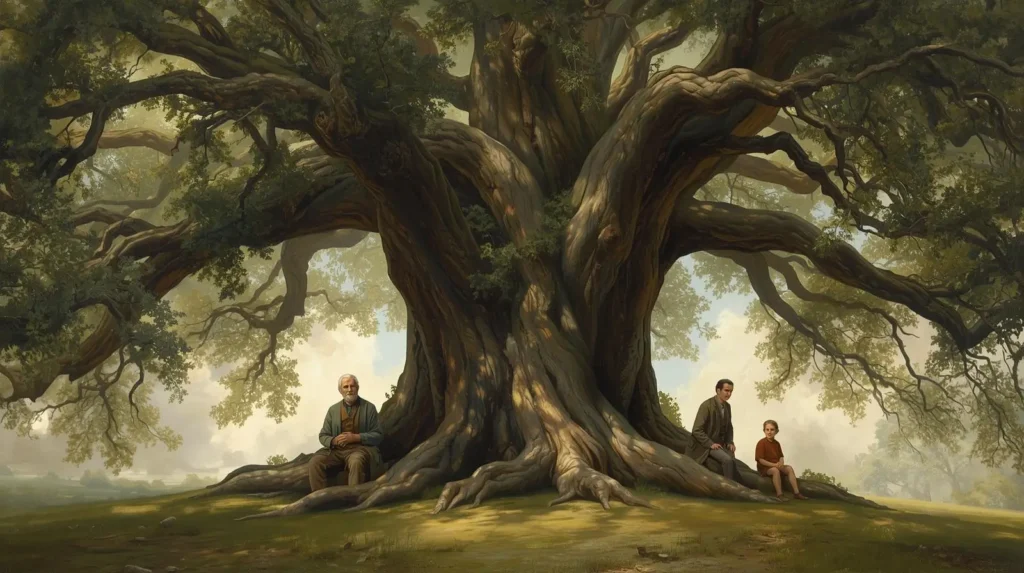 A detailed painting of an ancient oak tree with family members sitting among its massive roots, representing intergenerational trauma in a family system.