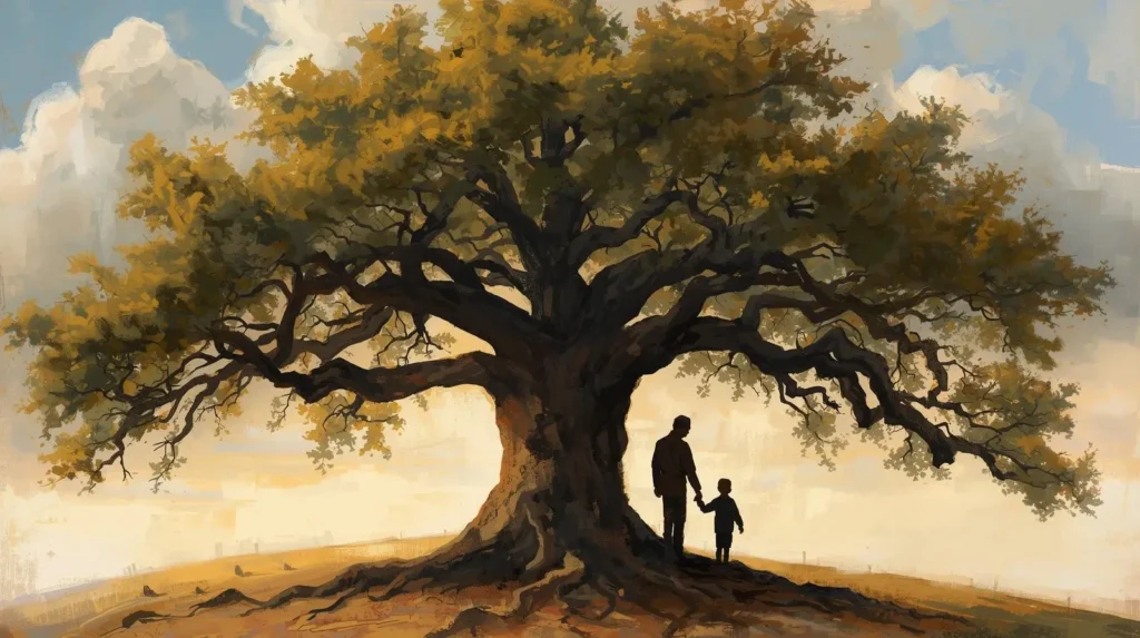 A beautiful watercolor illustration of a massive family tree with a father and child standing under its roots, symbolizing generational trauma.