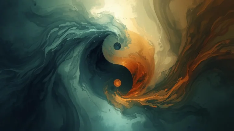 A Yin Yang sign in dramatic colors. One side seems to be entangled in red, fiery colors and the other in blue, cooling colors. The colors come together in a balancing act.