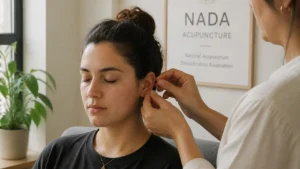 A close-up shot of a practitioner carefully placing an acupuncture needle into a woman’s ear. The woman has her eyes closed, displaying a calm and relaxed expression. In the background, a poster hangs on the wall with the visible text "NADA ACUPUNCTURE" and "National Acupuncture Detoxification Association." A green potted plant is visible to the left, contributing to a bright, serene wellness clinic environment.