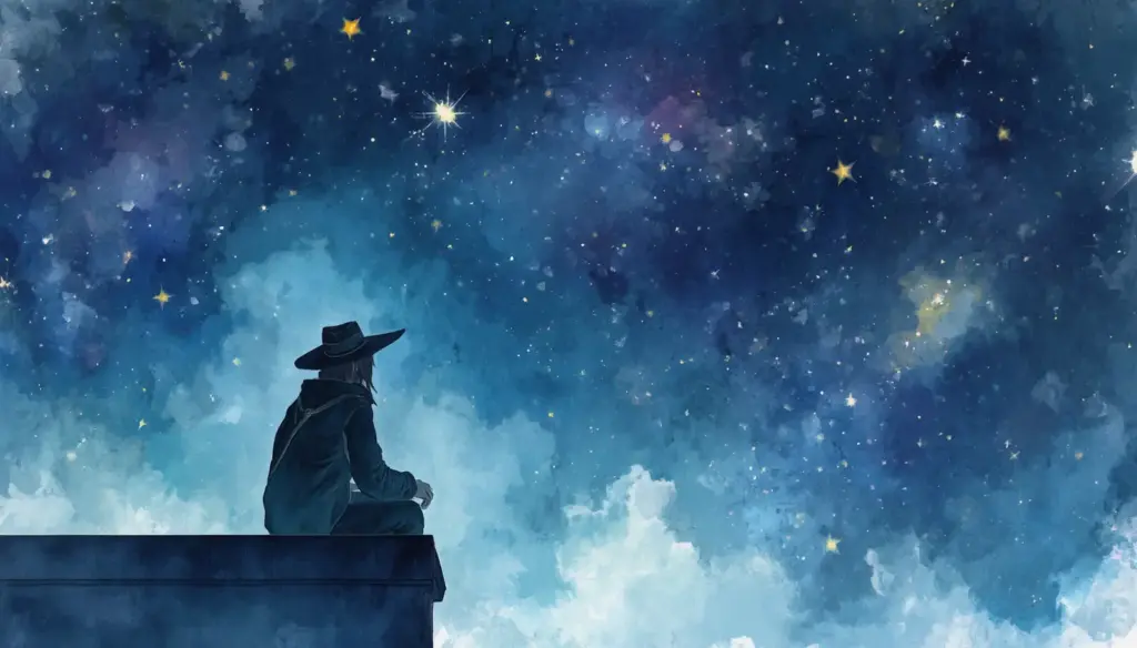 An artist sitting quietly under a starry night sky, practicing the Yin phase of the creative flow process.
