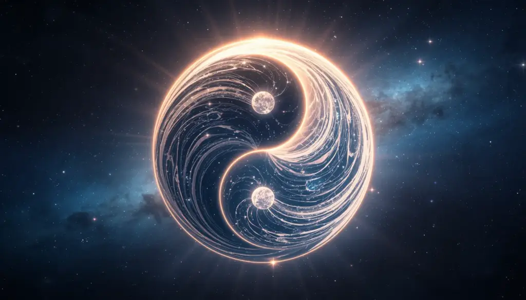 A cosmic glowing Yin and Yang symbol illustrating creative flow