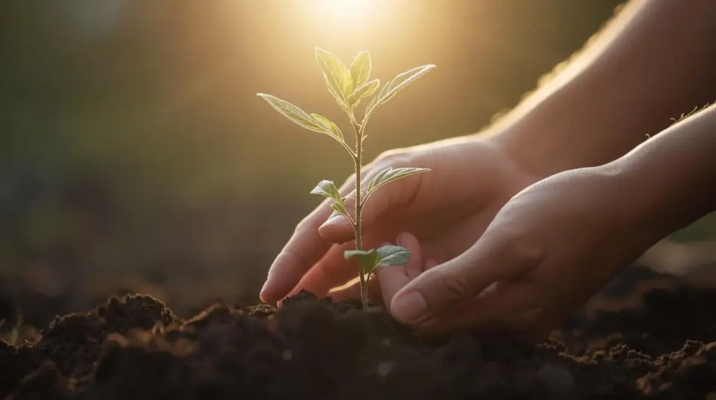 Two hands gently holding soil around a small growing green sprout in the ground during a warm sunset, symbolizing personal growth, trauma recovery, and the 7 A's of healing by Gabor Mate.