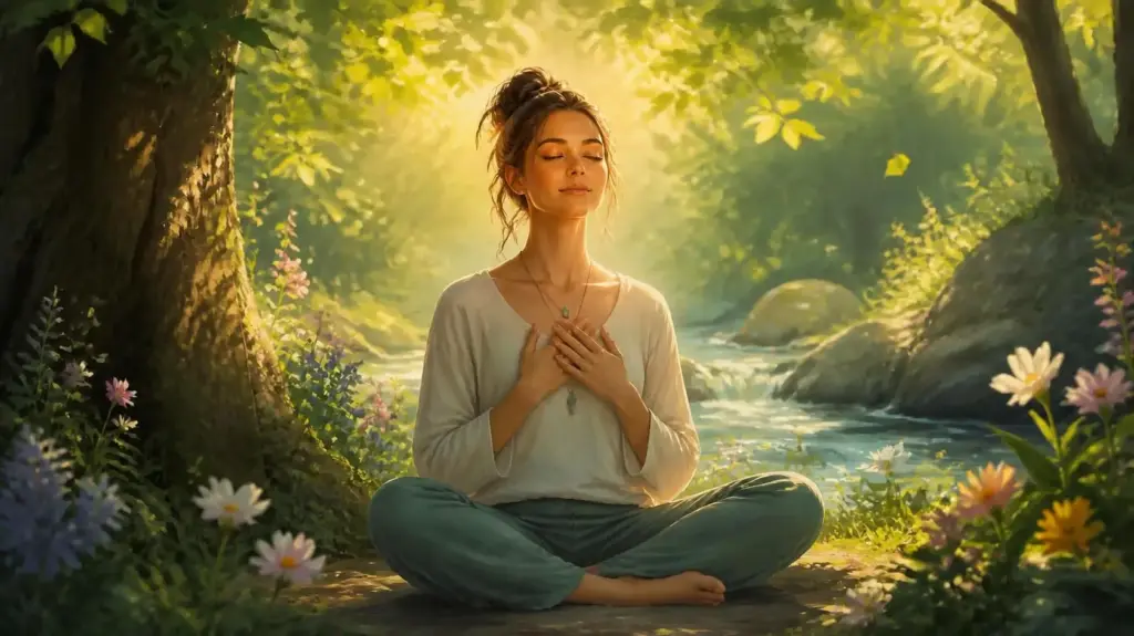 A woman practicing somatic grounding in a forest to heal from an enmeshed family, calming her nervous system and setting boundaries to find inner peace.